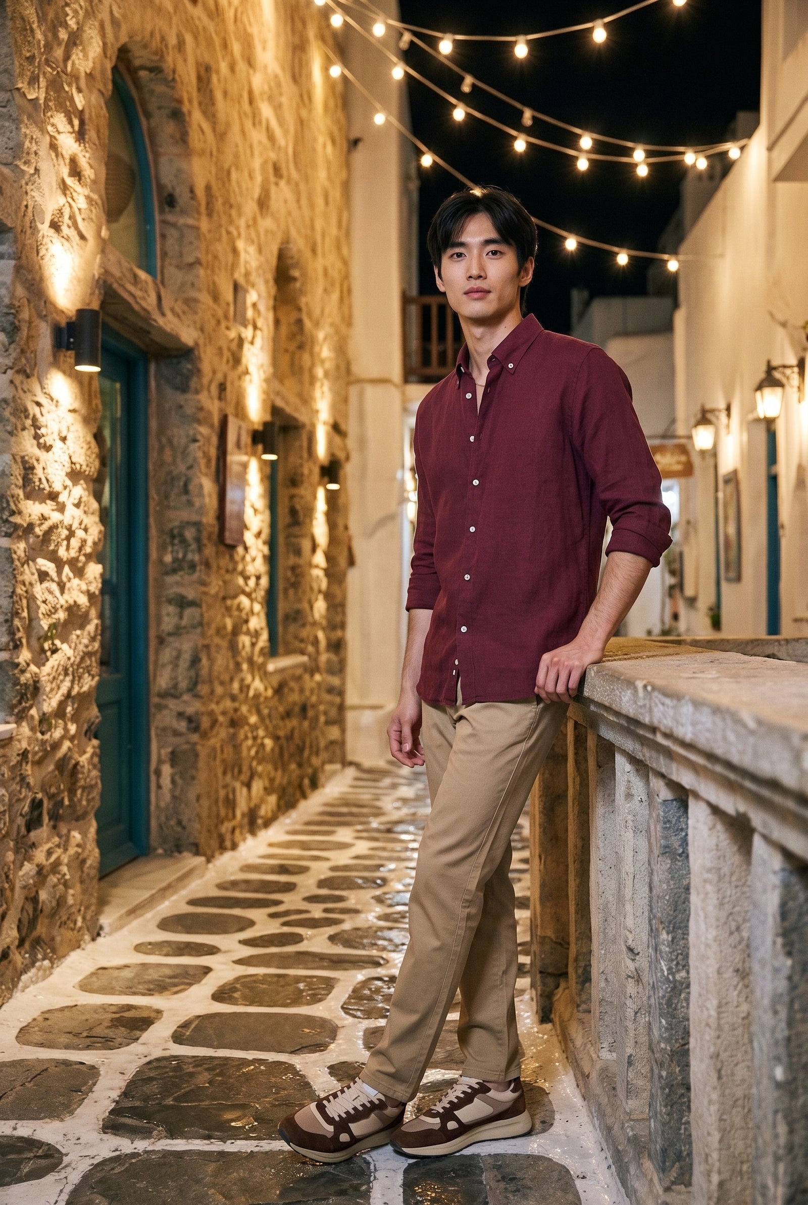 Look #1031 styled with Pantalon chino kaki pour homme en lin mélangé, Tencel et coton, matière fine d'été