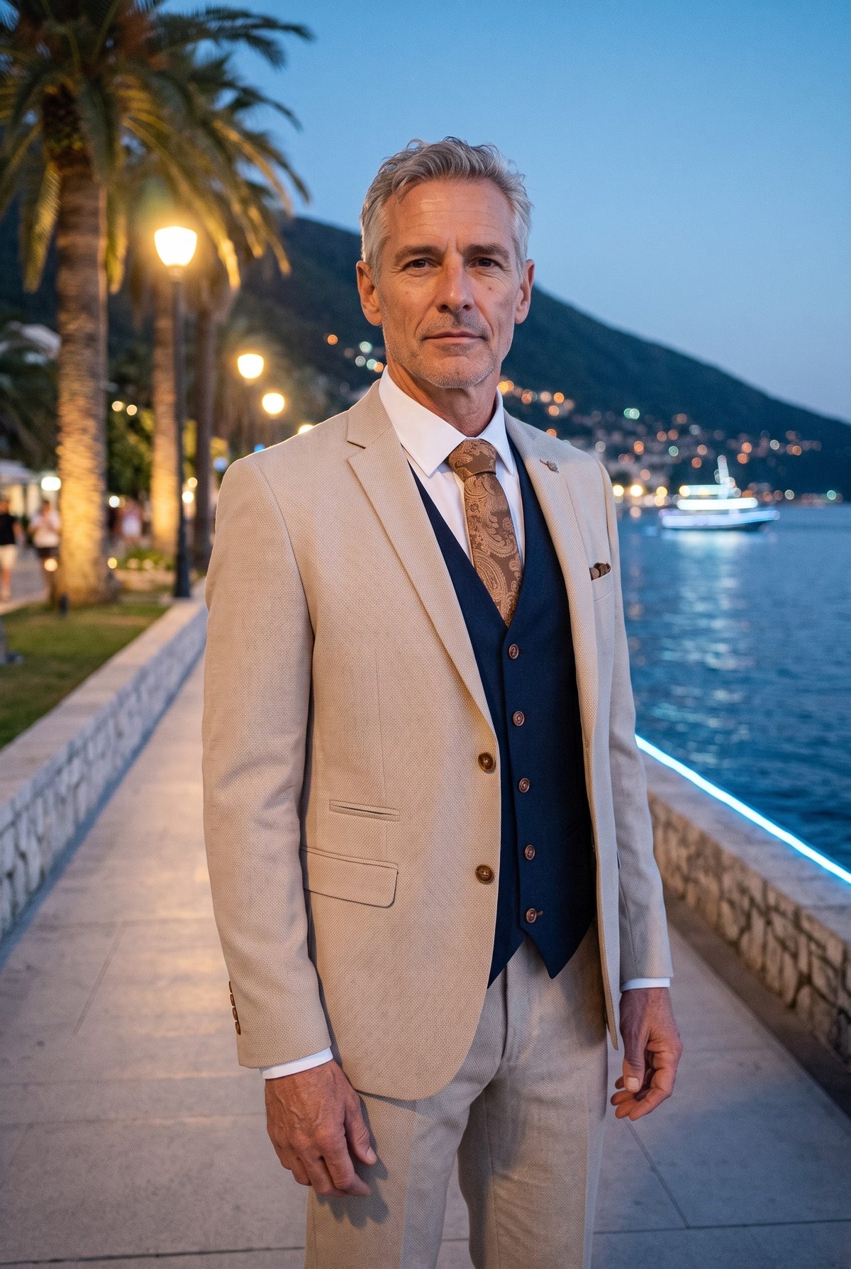 Look #944 styled with Mayfair - Costume trois pièces crème pour homme avec gilet bleu marine