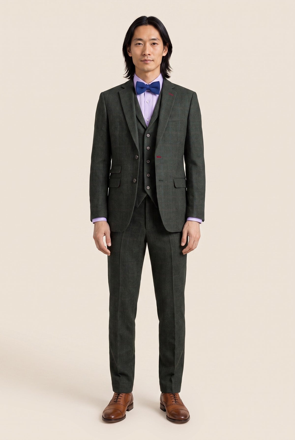Look #1003 styled with Costume trois pièces en tweed vert pour homme Joshua, coupe ajustée