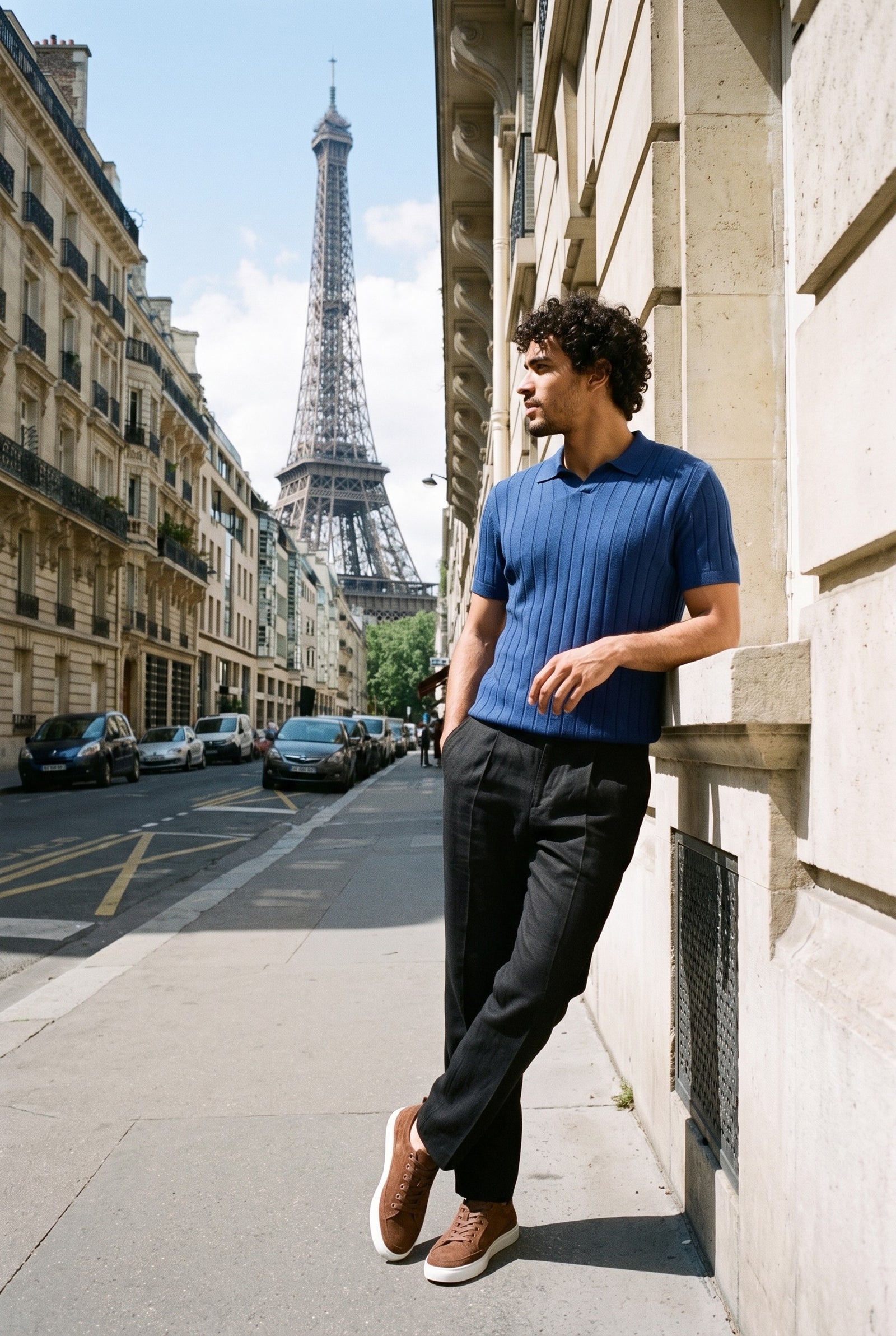 Look #888 styled with Polo homme bleu marine en maille côtelée