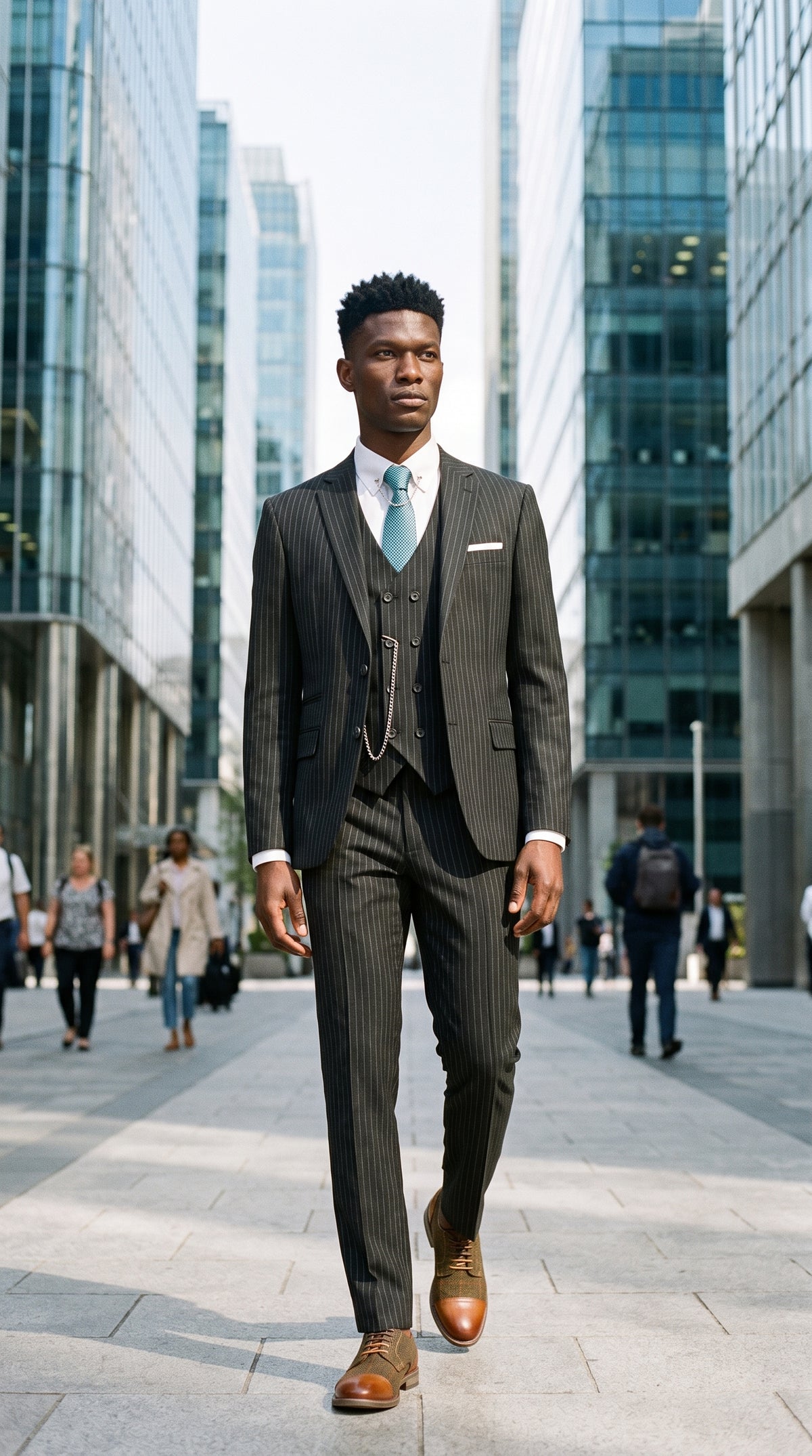Look #276 styled with Costume trois pièces noir à fines rayures pour homme