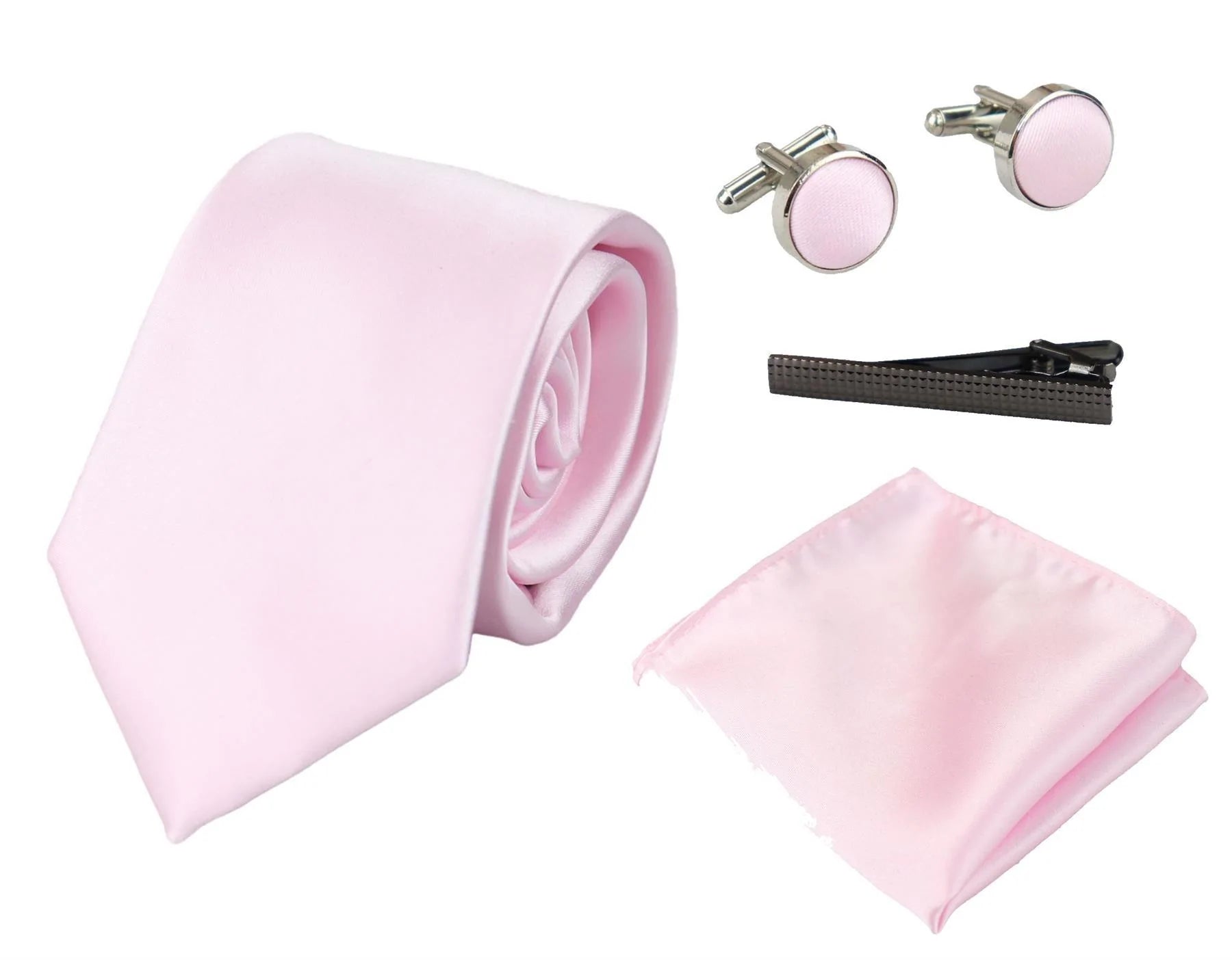 Satin Silk Pink Tie Gift Set Pocket Square Cuff Links Tie Shiny Satin