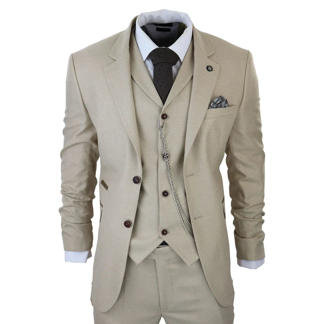 AK-08 Men's 3-Piece Cream Prince Of Wales Check Suit