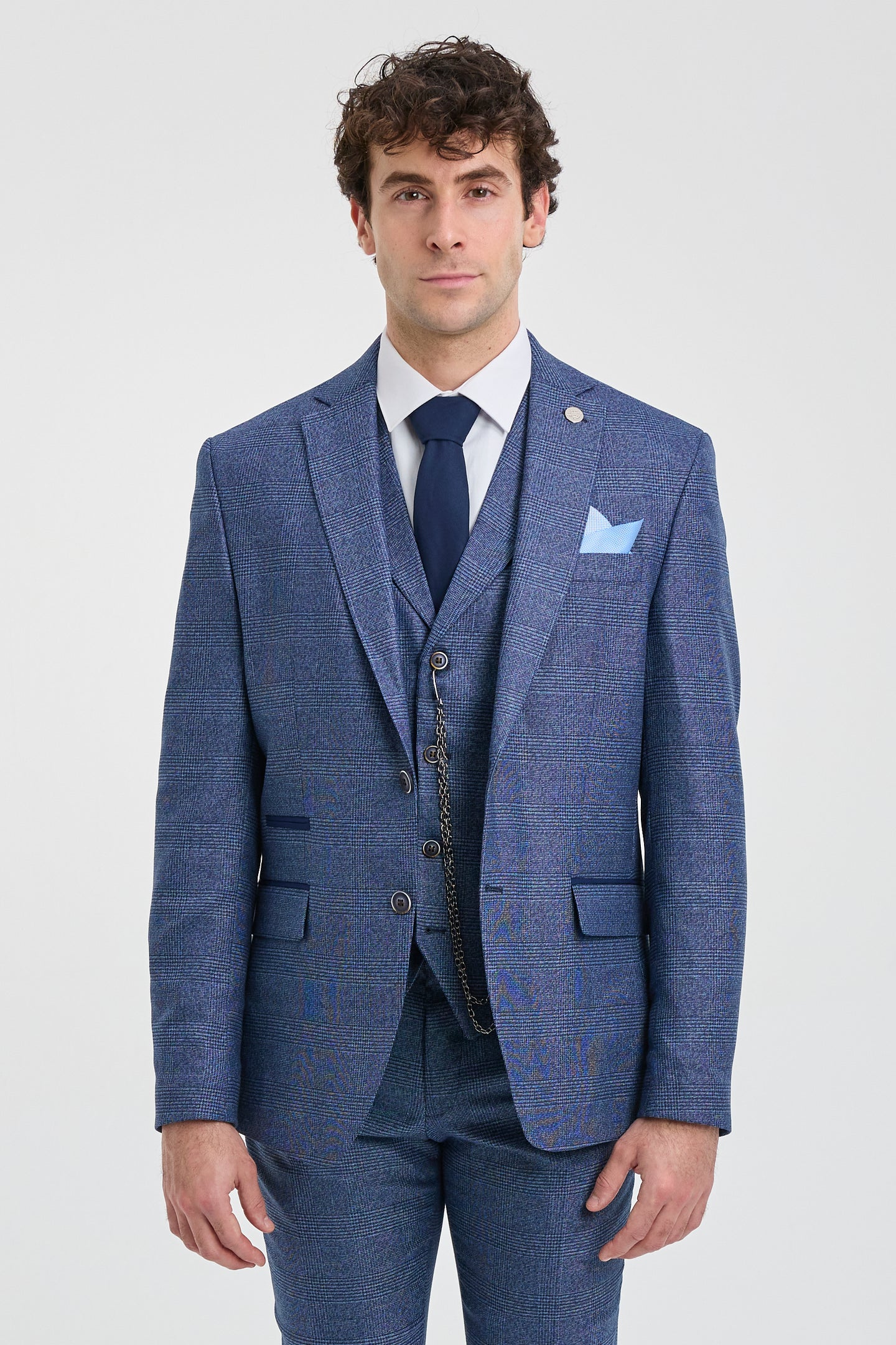 Costume trois pièces bleu à carreaux Prince de Galles pour homme AK-09
