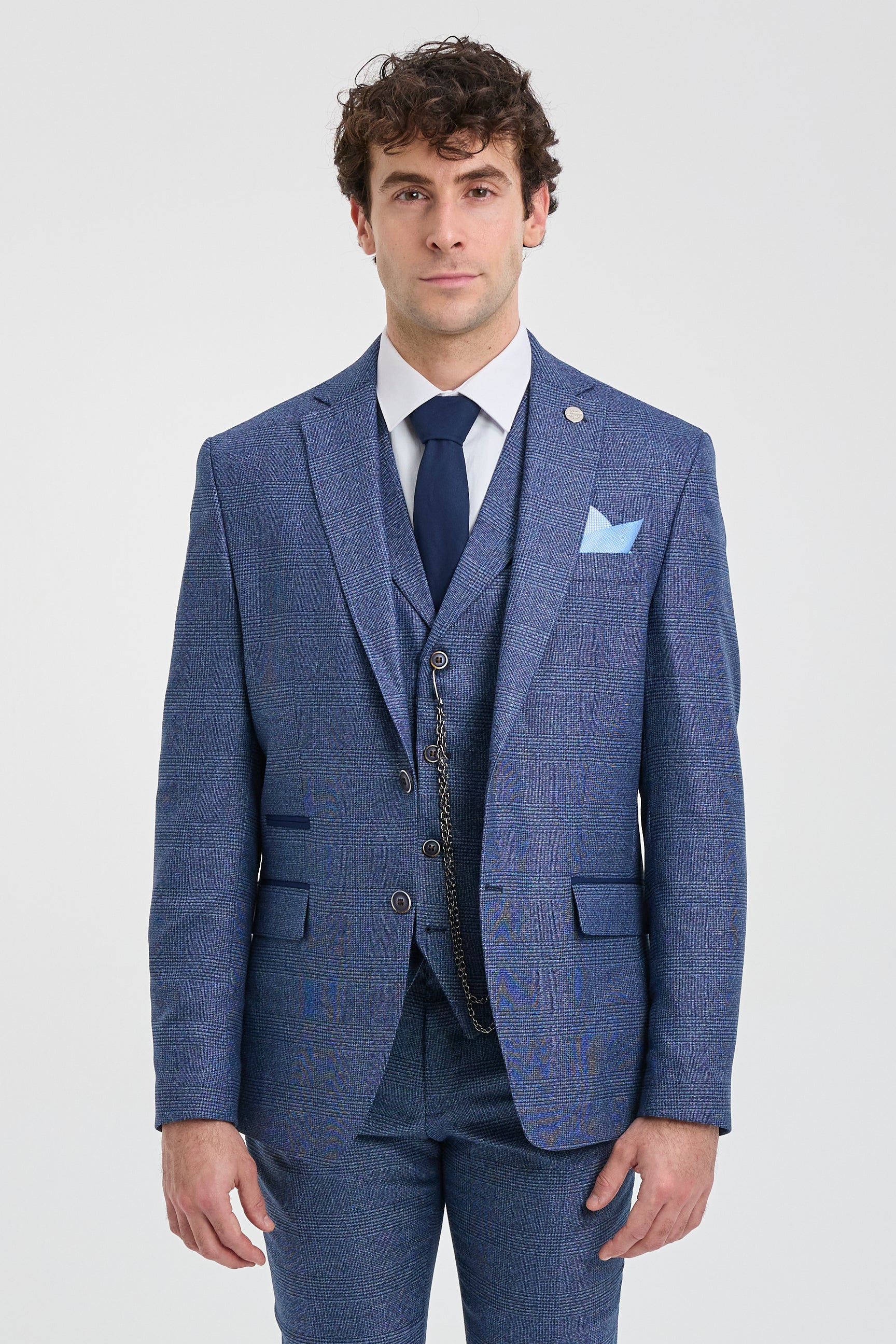 Costume trois pièces bleu à carreaux Prince de Galles pour homme AK-09