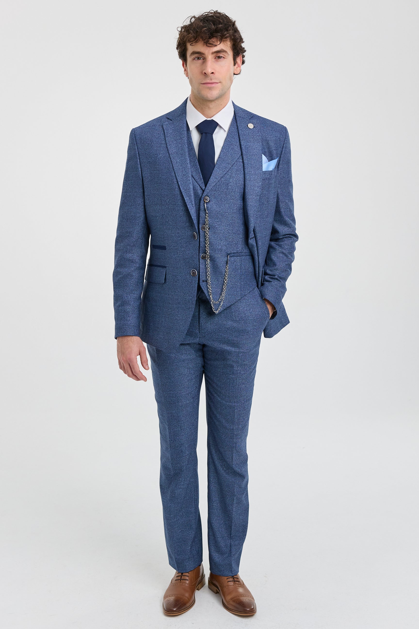 Costume trois pièces bleu à carreaux Prince de Galles pour homme AK-09