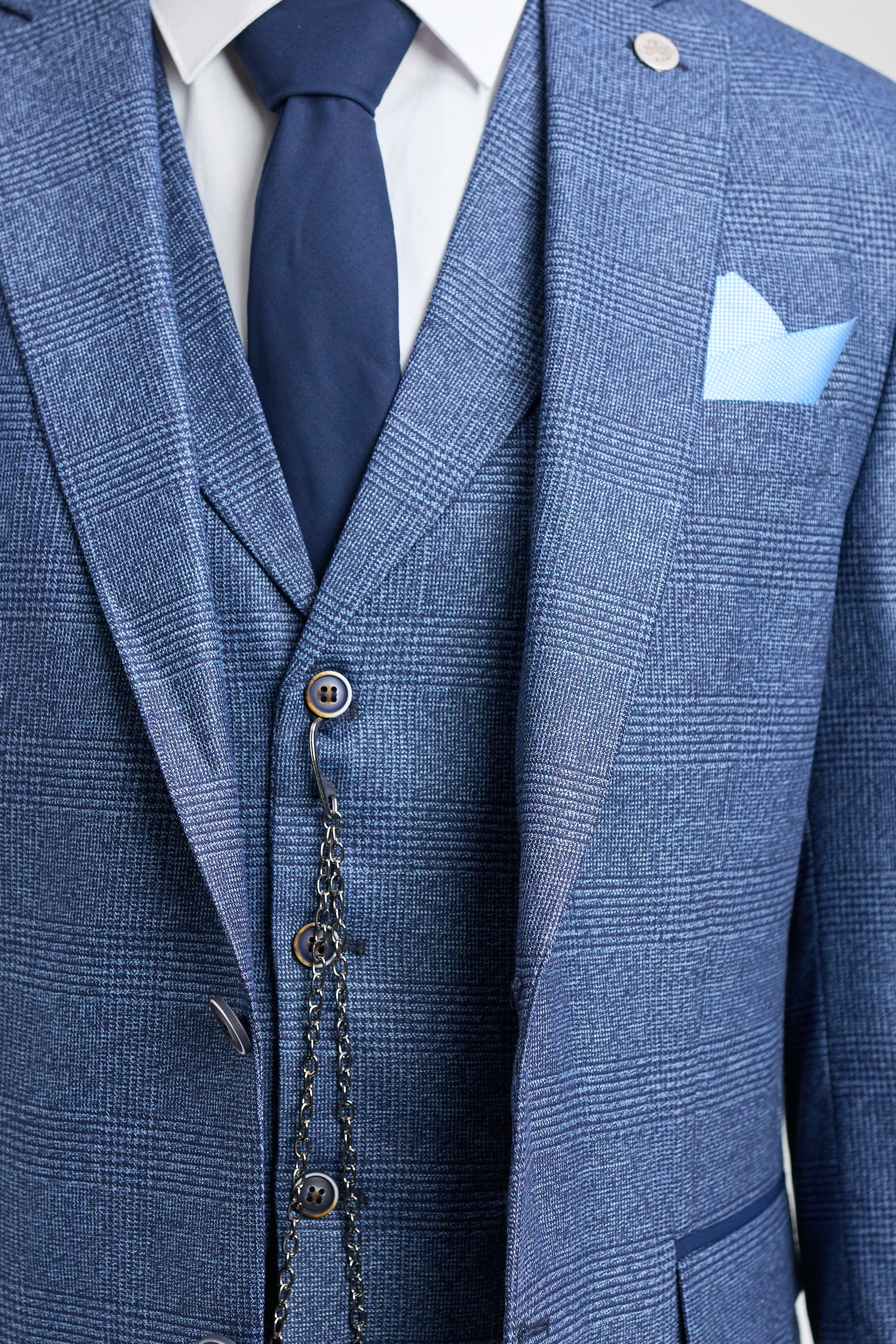 Costume trois pièces bleu à carreaux Prince de Galles pour homme AK-09