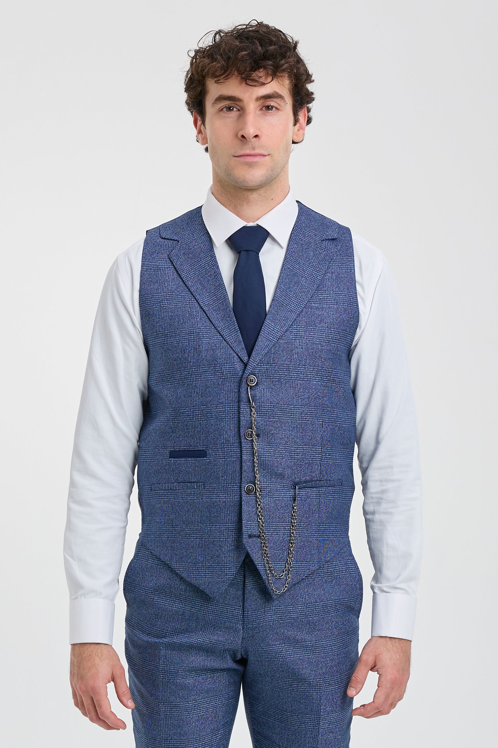Costume trois pièces bleu à carreaux Prince de Galles pour homme AK-09