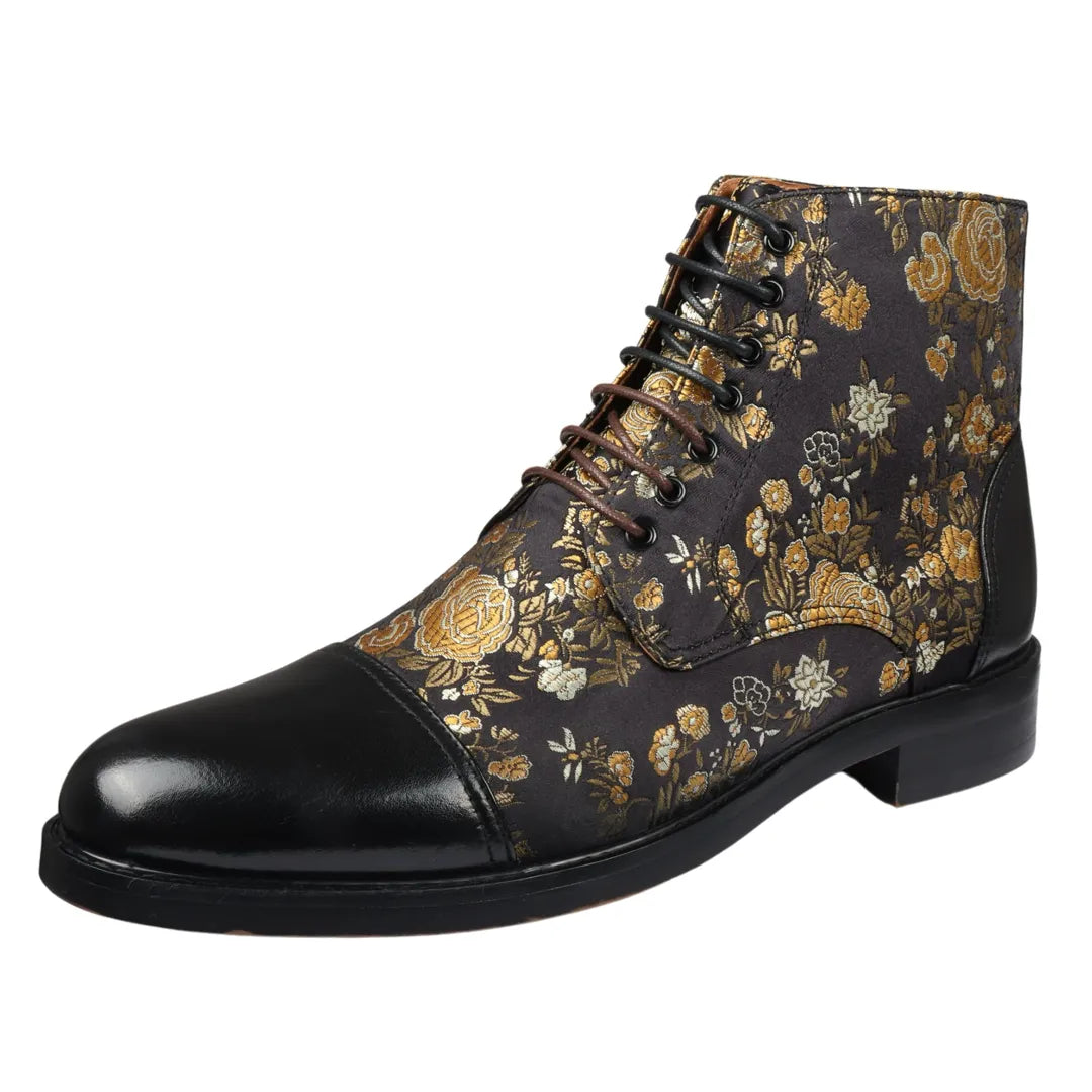 Adam- Men's Floral Print Leather Oxford Ankle Black Boots