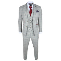 Andrew Men's 3-Piece Grey Checked Slim Fit Suit with Red Accents