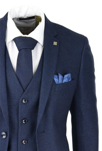 Mens Navy Blue 3 Piece Suit Birdseye Suit Wedding Prom Formal Smart Classic