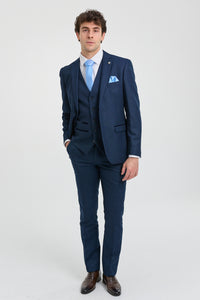 Costume trois pièces bleu marine pour homme, style œil-de-perdrix, idéal pour mariage, bal de promo, cérémonie élégante et classique.