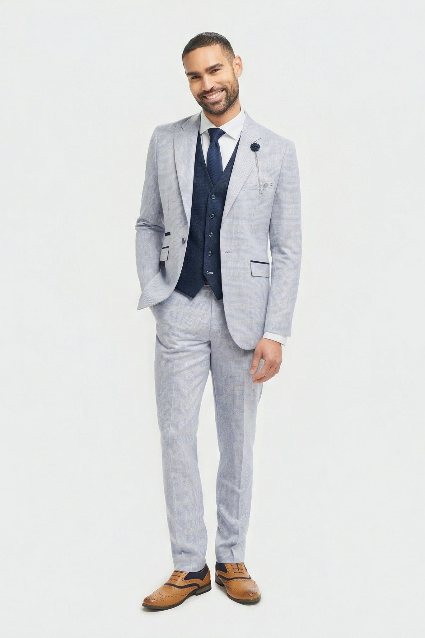 Costume trois pièces pour homme, motif Prince de Galles à carreaux bleu clair, avec gilet bleu marine