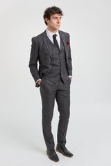 Costume trois pièces gris anthracite pour homme, coutures classiques, idéal pour mariage, été ou bal de promo.