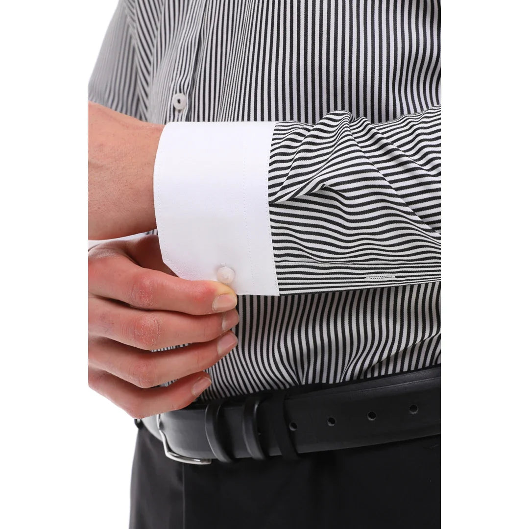 Men's Button Down Stripe Dress Shirt Formal Classic Collar - Black
