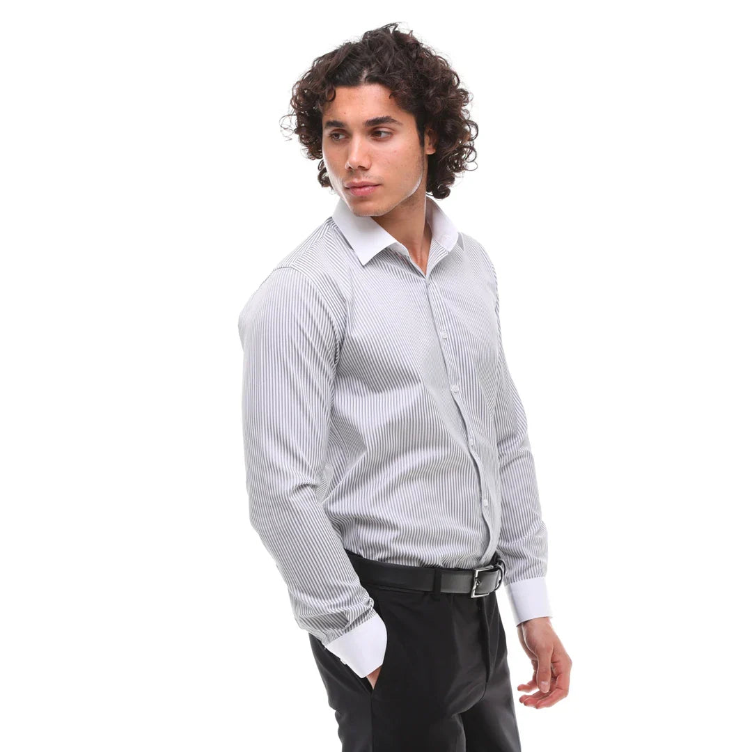 Men's Button Down Stripe Dress Shirt Formal Classic Collar - Grey