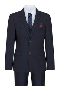 Boys Navy Check 3 Piece Suit Red Edinson Marc Darcy Classic Vintage Wedding