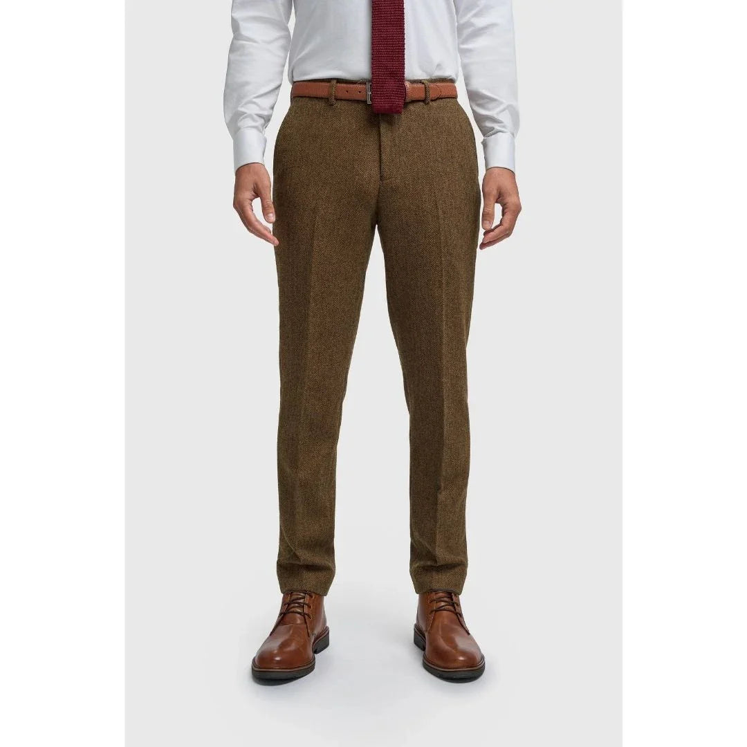 Pantalon Thomas pour homme en tweed à chevrons mélangé laine marron