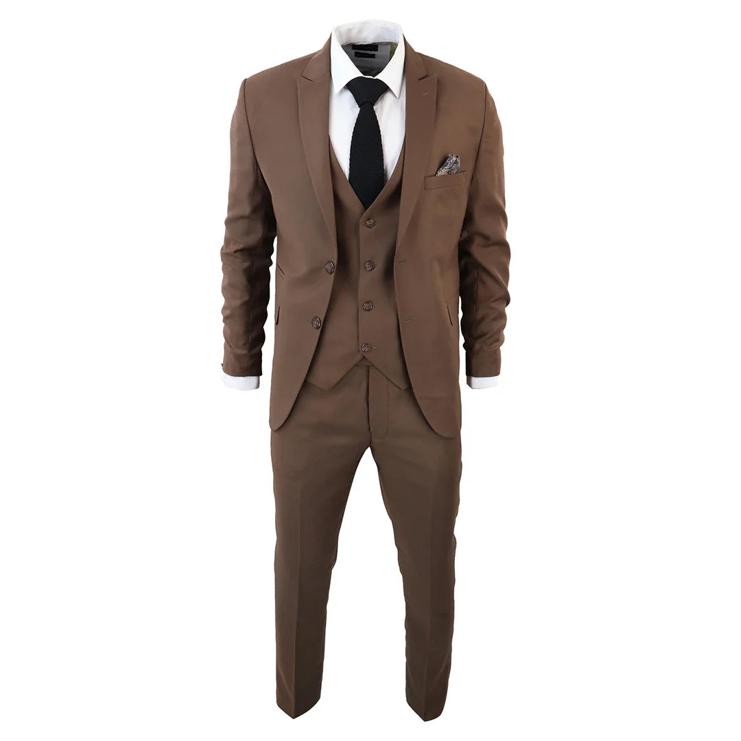 IM1 Men's Classic Brown Plain Tailored Fit 3-Piece Suit