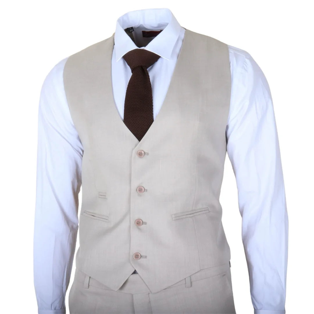 Costume trois pièces crème uni classique pour homme