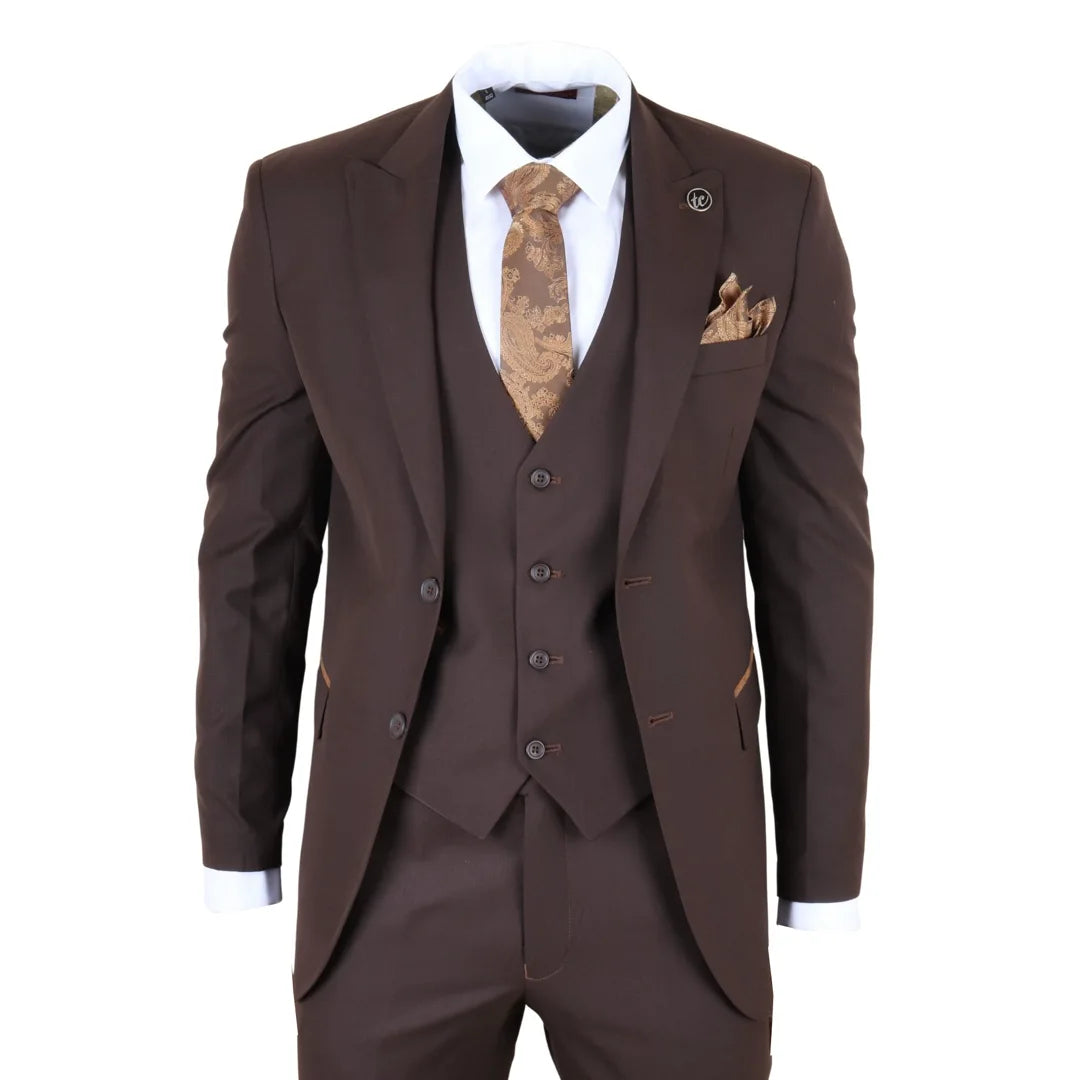 Brown suit with a tie and pocket square on a white background