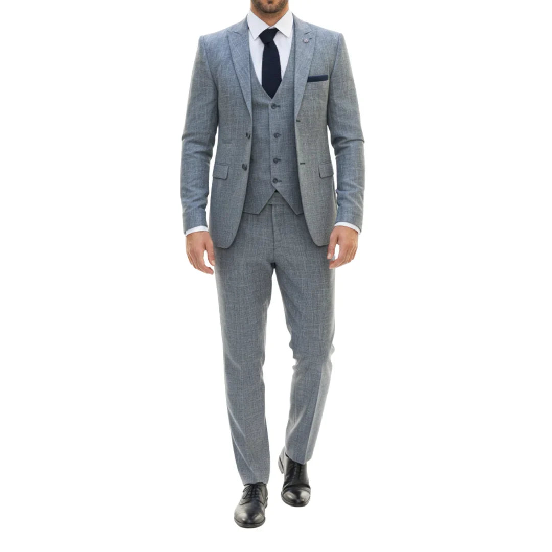 Costume trois pièces bleu pour homme, coupe ajustée