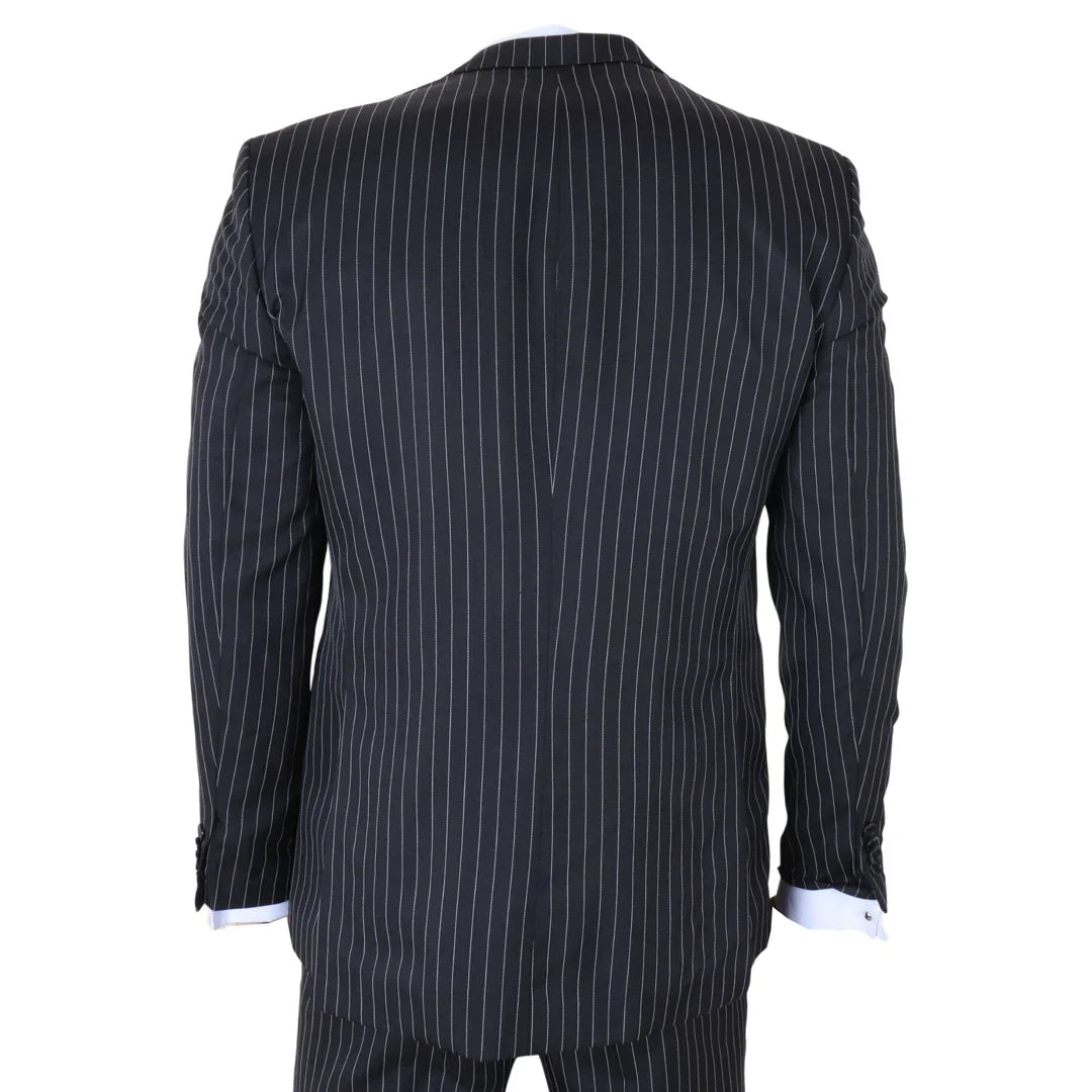 IM45 - Costume trois pièces noir à fines rayures pour homme, style mafieux
