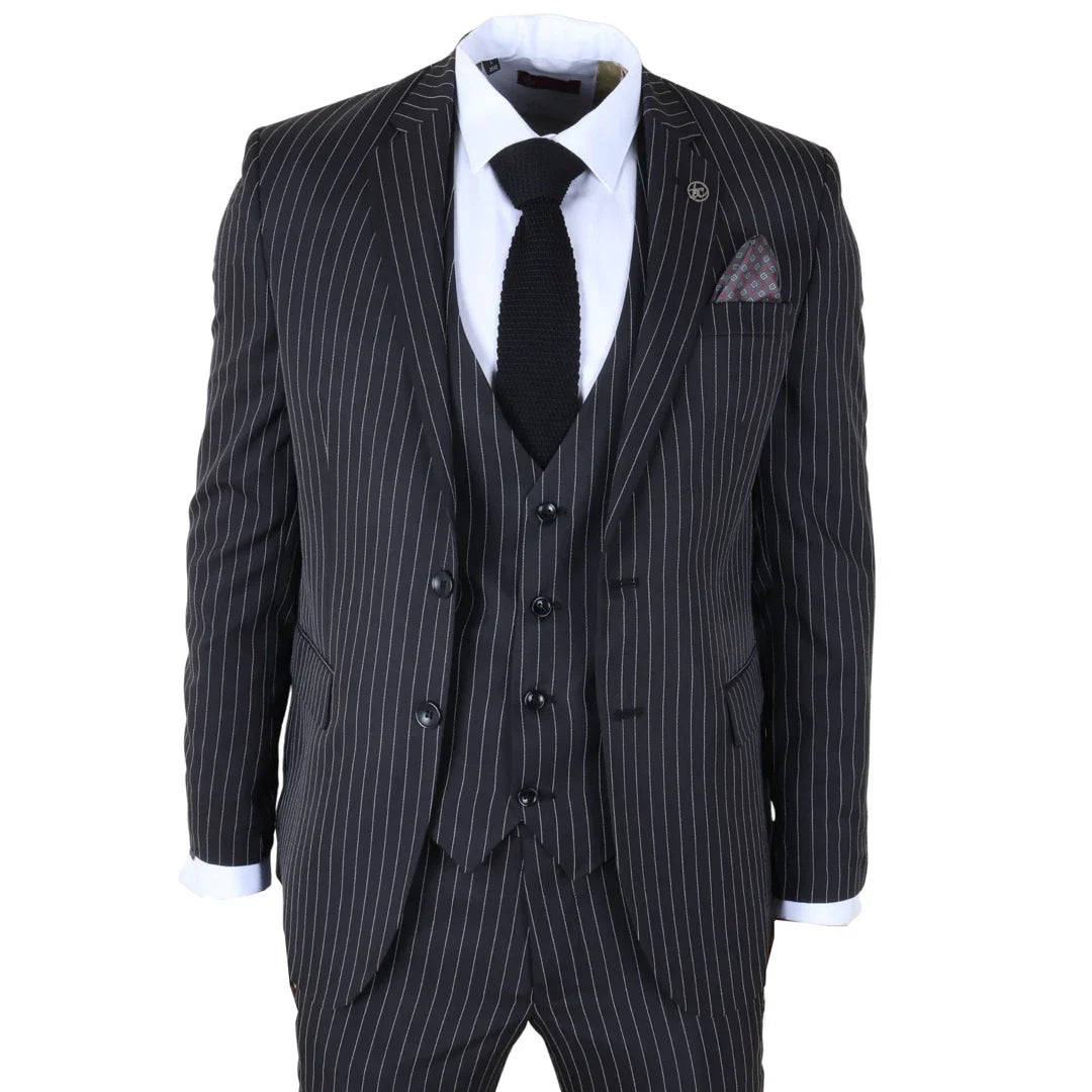 IM45 - Costume trois pièces noir à fines rayures pour homme, style mafieux