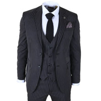 IM45 - Costume trois pièces noir à fines rayures pour homme, style mafieux