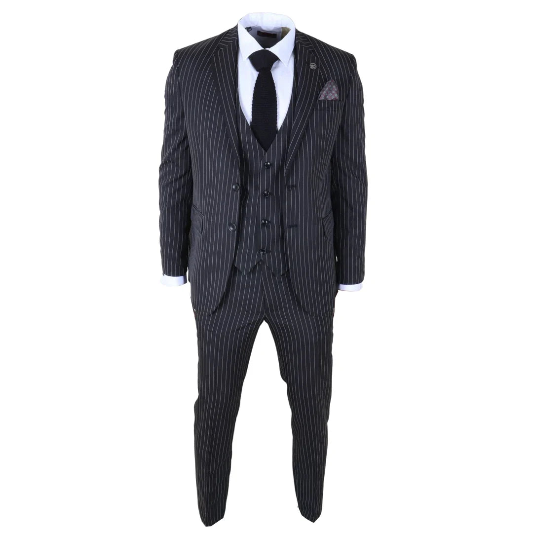 IM45 - Costume trois pièces noir à fines rayures pour homme, style mafieux