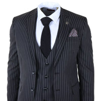 IM45 - Costume trois pièces noir à fines rayures pour homme, style mafieux