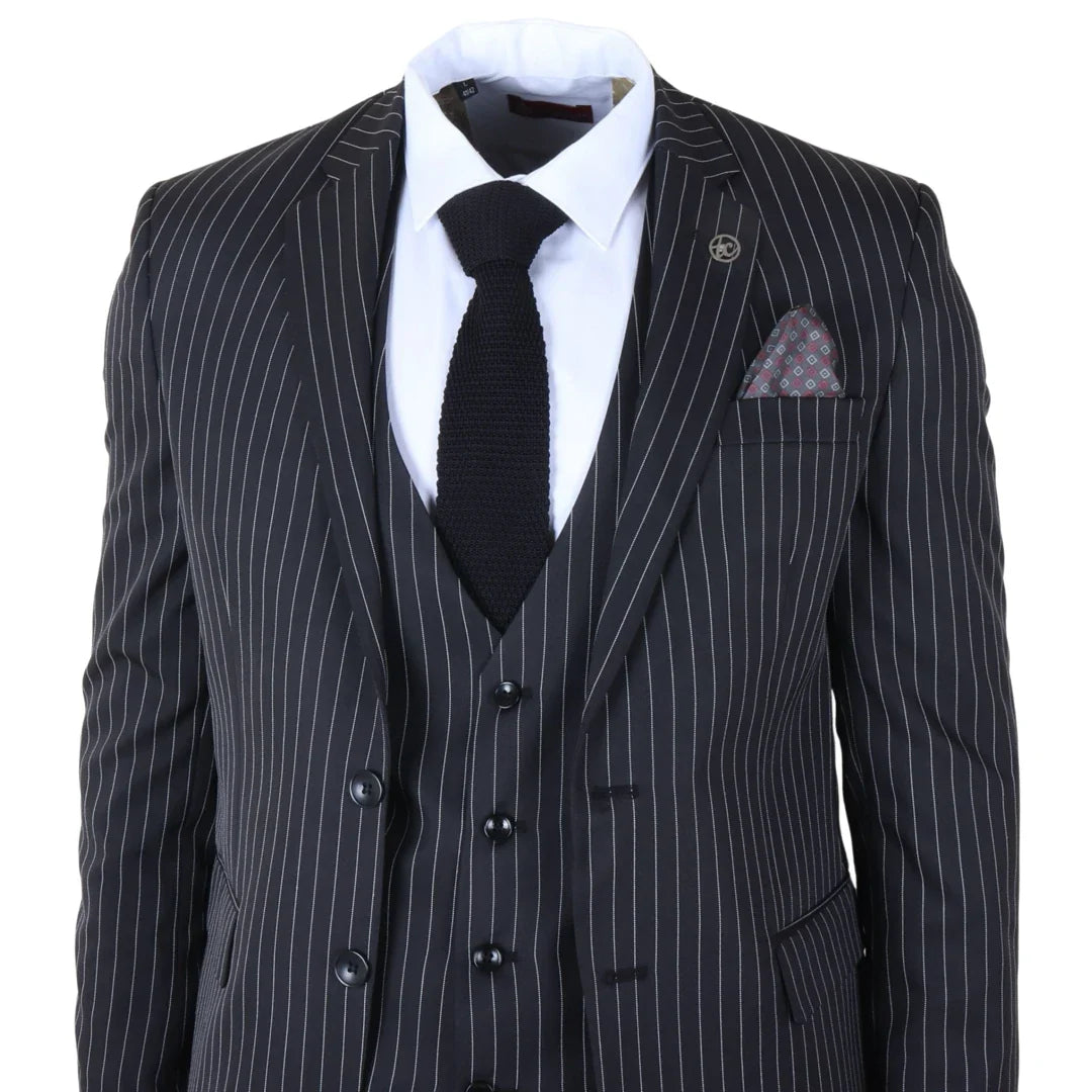 IM45 - Costume trois pièces noir à fines rayures pour homme, style mafieux