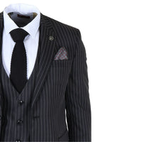 IM45 - Costume trois pièces noir à fines rayures pour homme, style mafieux