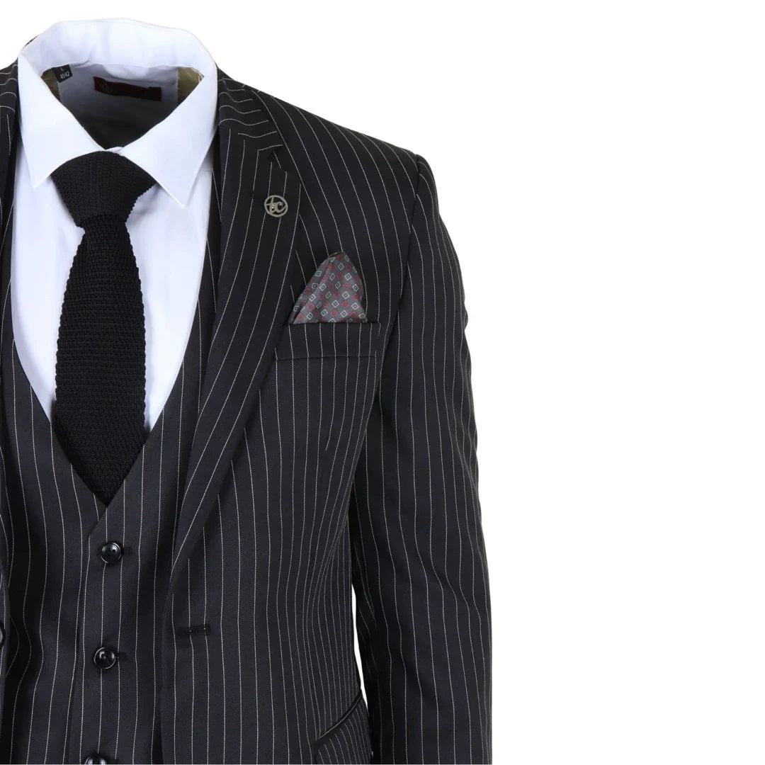 IM45 - Costume trois pièces noir à fines rayures pour homme, style mafieux