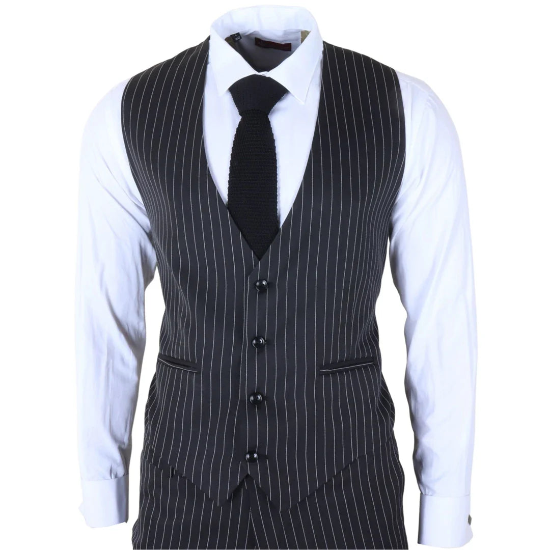 IM45 - Costume trois pièces noir à fines rayures pour homme, style mafieux