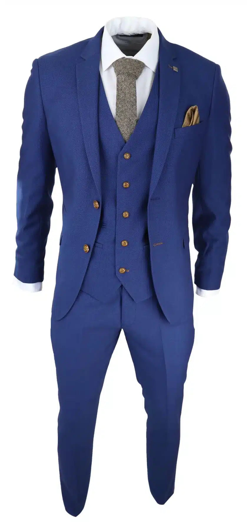 Mens Royal Blue 3 piece Suit Brown Trim Classic Birdseye Vintage Wedding Grooms