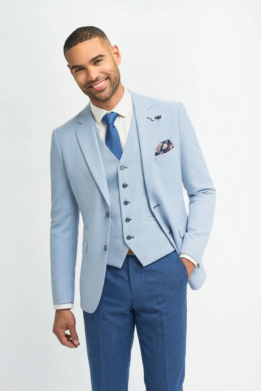 Costume de mariage d'été bleu ciel en lin pour homme avec pantalon bleu marine
