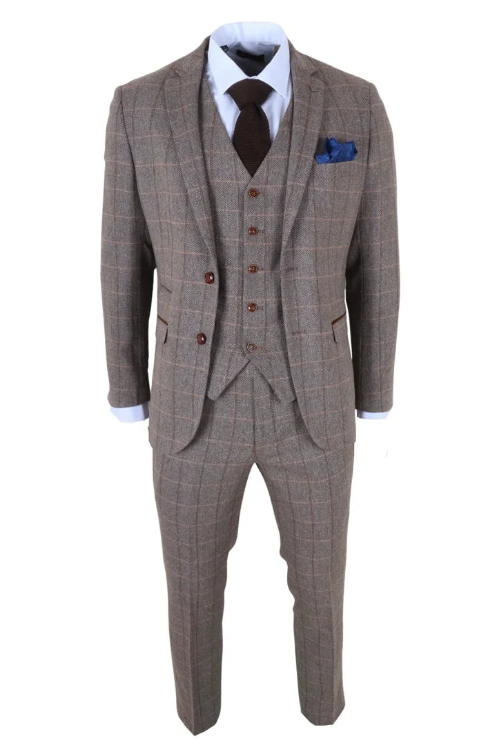 Harris - Costume trois pièces pour homme en tweed à chevrons marron