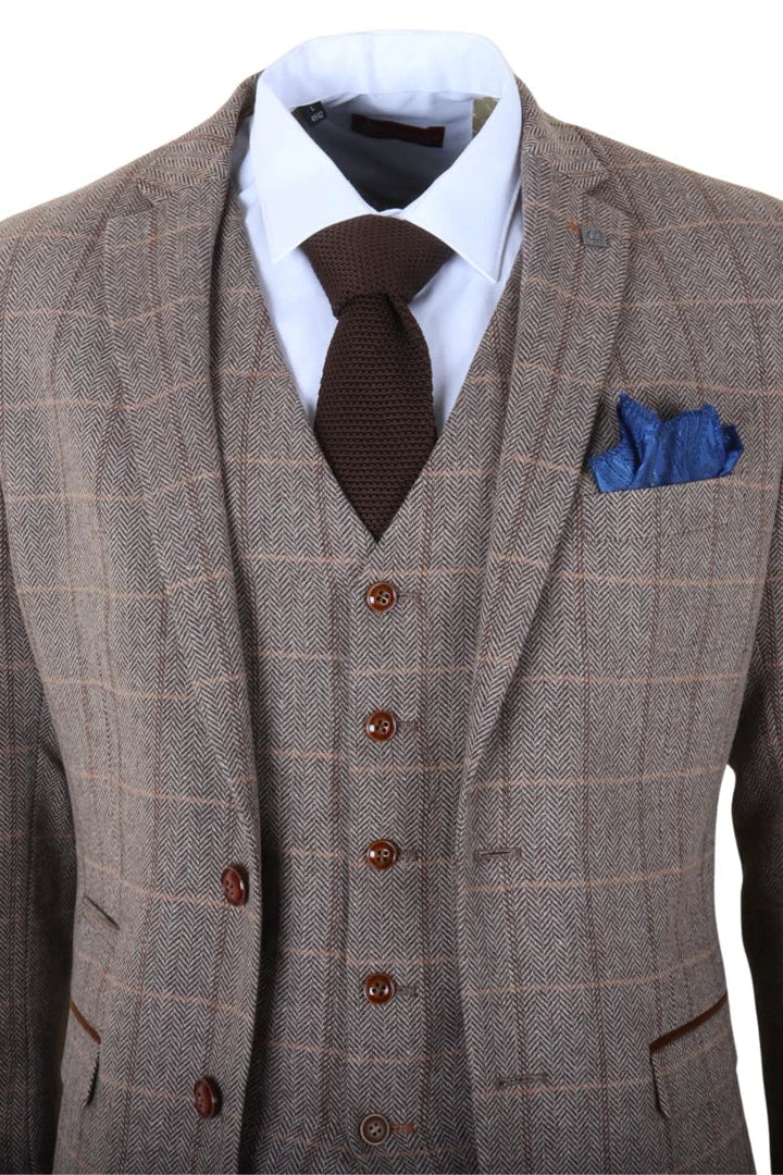 Harris - Costume trois pièces pour homme en tweed à chevrons marron