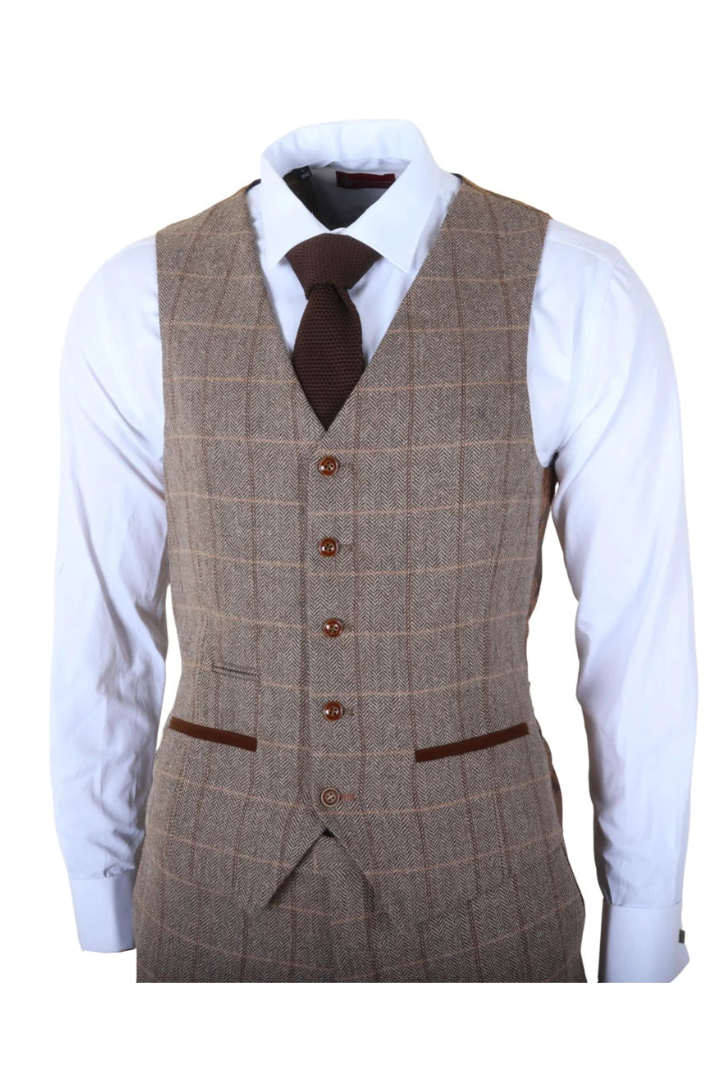 Harris - Costume trois pièces pour homme en tweed à chevrons marron