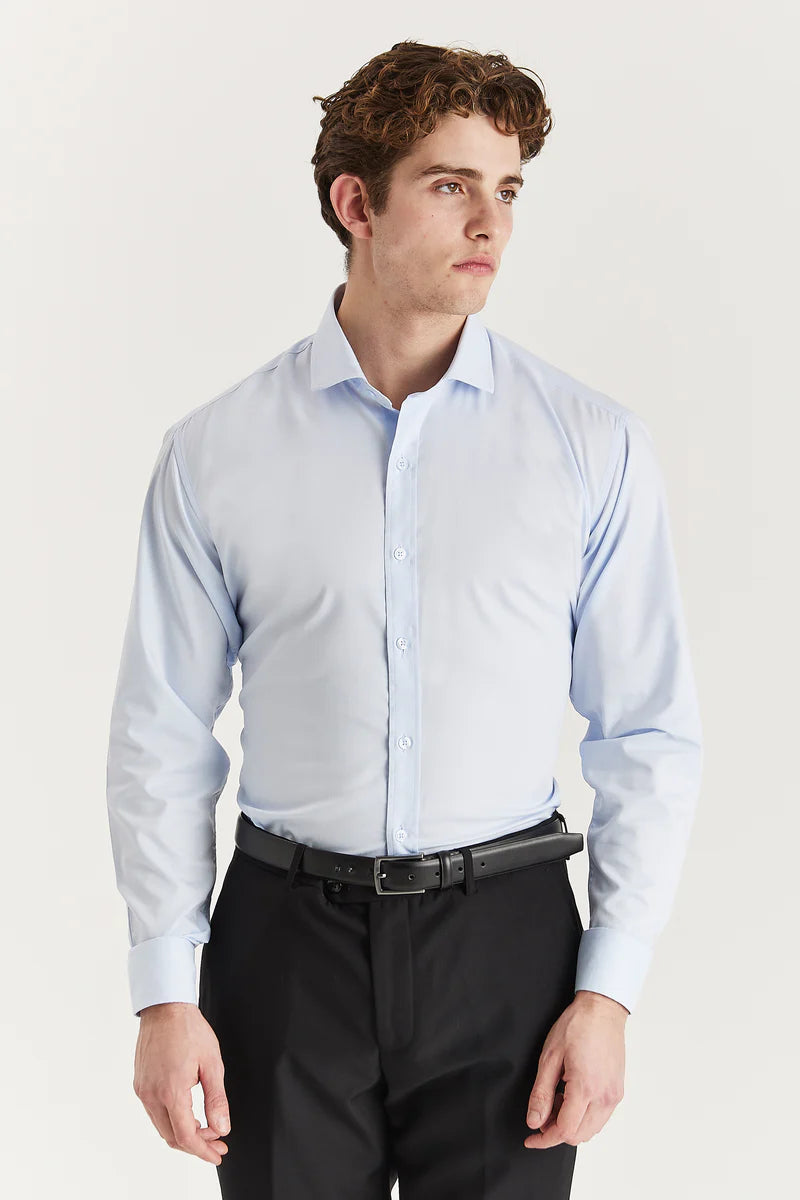 Chemise habillée classique pour homme, à poignets mousquetaires et col italien - Bleue