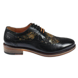 Ross - Men's Floral Print Leather Black Brogue Shoes