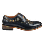 Ross - Men's Floral Print Leather Navy Brogue Shoes