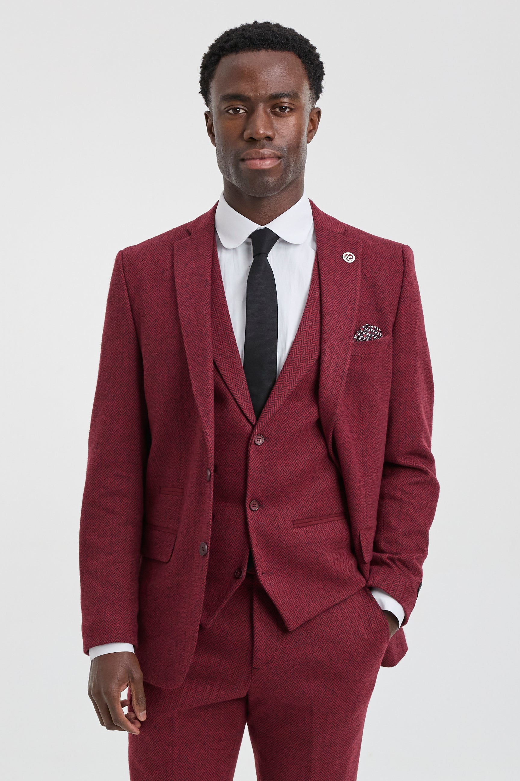 Costume trois pièces en tweed bordeaux à chevrons pour homme - STZ11