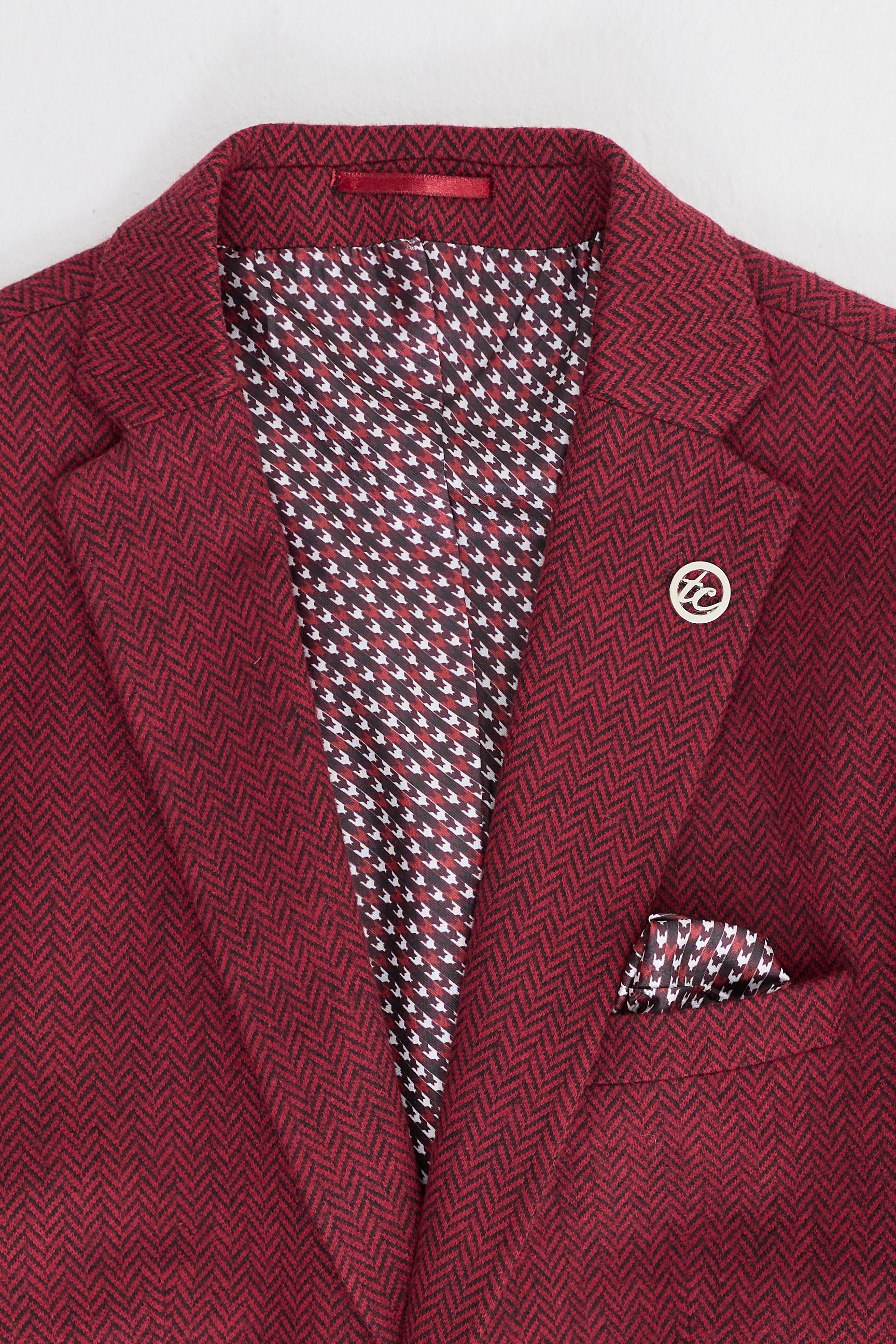 Costume trois pièces en tweed bordeaux à chevrons pour homme - STZ11