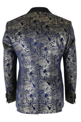 STZ63 - Blazer smoking homme en velours bleu et or à motif cachemire floral bleu et or