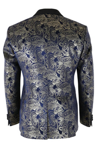 STZ63 - Blazer smoking homme en velours bleu et or à motif cachemire floral bleu et or