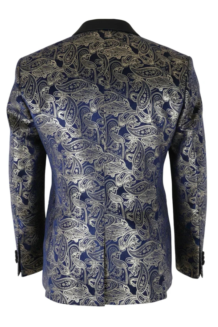 STZ63 - Blazer smoking homme en velours bleu et or à motif cachemire floral bleu et or