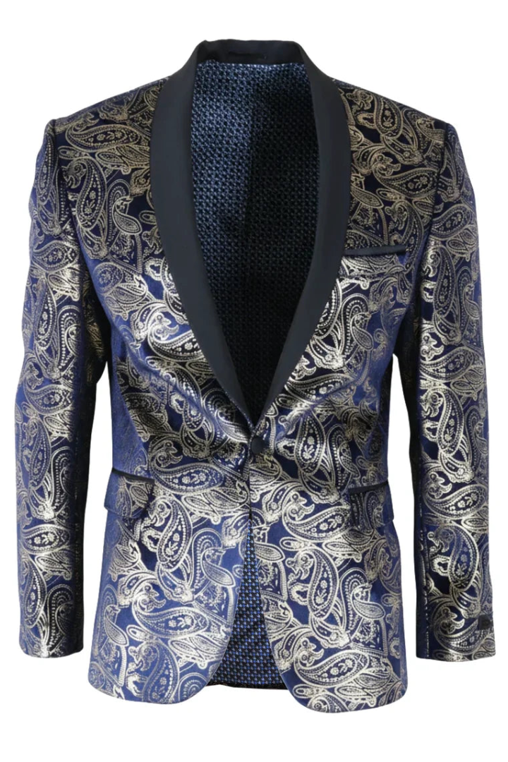 STZ63 - Blazer smoking homme en velours bleu et or à motif cachemire floral bleu et or