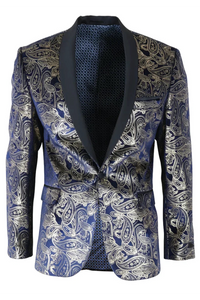 STZ63 - Blazer smoking homme en velours bleu et or à motif cachemire floral bleu et or
